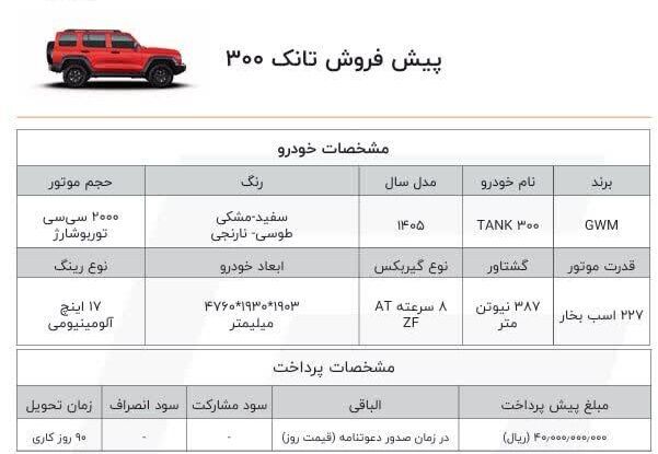 بخشنامه پیش فروش خودرو تانک 300 (اسفند 1404) شرایط فروش: