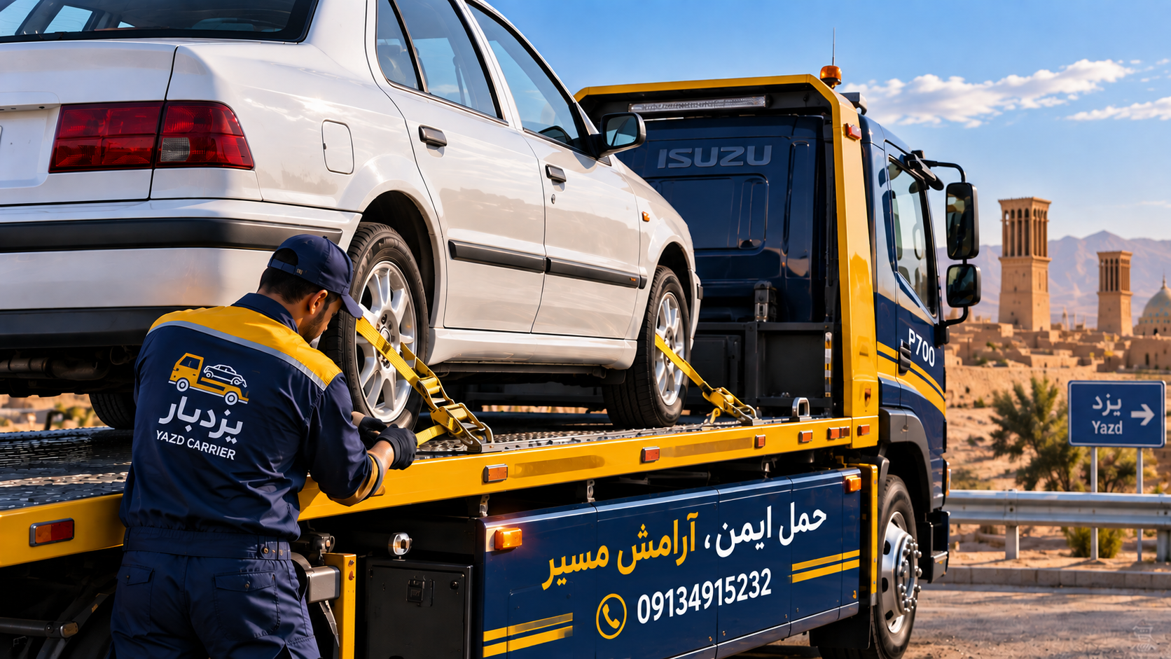 حمل خودرو در یزد؛ راهنمای انتخاب خودروبر مطمئن برای جا به جایی خودرو مهار ایمن خودرو روی کفی خودروبر در یزد