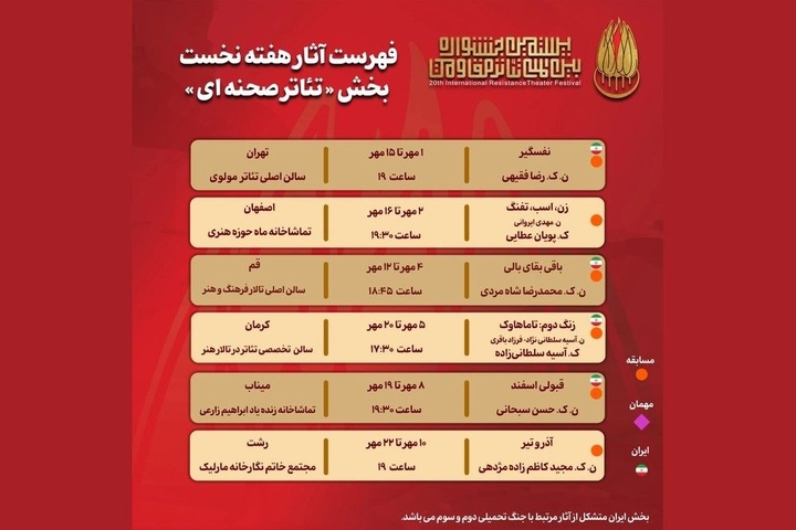 جدول هفتگی «تئاتر صحنهای» بیستمین جشنواره بینالمللی تئاتر مقاومت جدول هفتگی «تئاتر صحنهای» بیستمین جشنواره بینالمللی تئاتر مقاومت