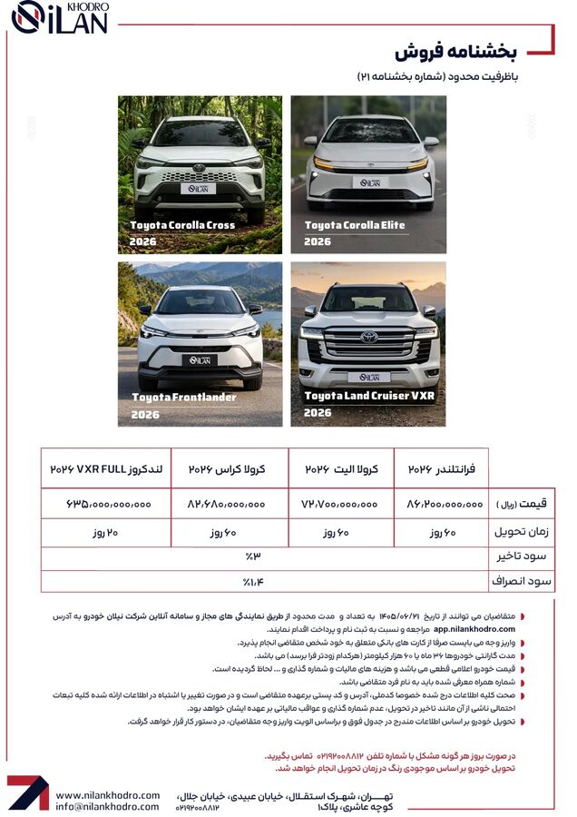 شرایط عرضه محصولات وارداتی «تویوتا» از سوی نیلان خودرو اعلام شد شرایط عرضه محصولات وارداتی «تویوتا» از سوی نیلان خودرو اعلام شد