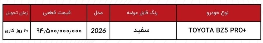 فروش تویوتا BZ5 Pro+ با قیمت جدید آغاز میشود جدول شرایط فروش تویوتا BZ5 Pr